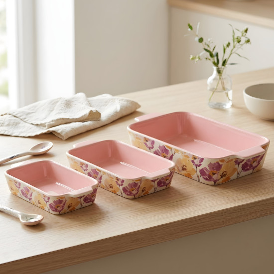 Floral Porcelain Casserole Set 3 Pcs